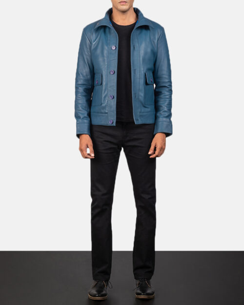 Columbus Blue Leather Bomber Jacket